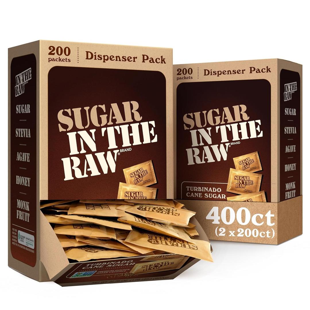 Sugar In The Raw Granulated Turbinado Cane Sugar On The Go Packets, No Erythritol, Pure Natural Sweetener, Hot & Cold Drinks, Coffee, Baking, Vegan, Gluten-Free, Non-GMO, 200 Count Packets (2-Pack) BBD: June 8, 2031