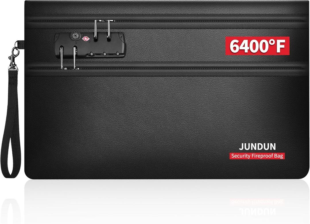 JUNDUN Fireproof Money Bag with Lock(11" x 7.5"), 6400 Fireproof Bag for Cash with 12 Layers Heat Insulated, Dual Zipper Fire Safe Pouch for Important Valuables with Passports, Jewellery (Black)