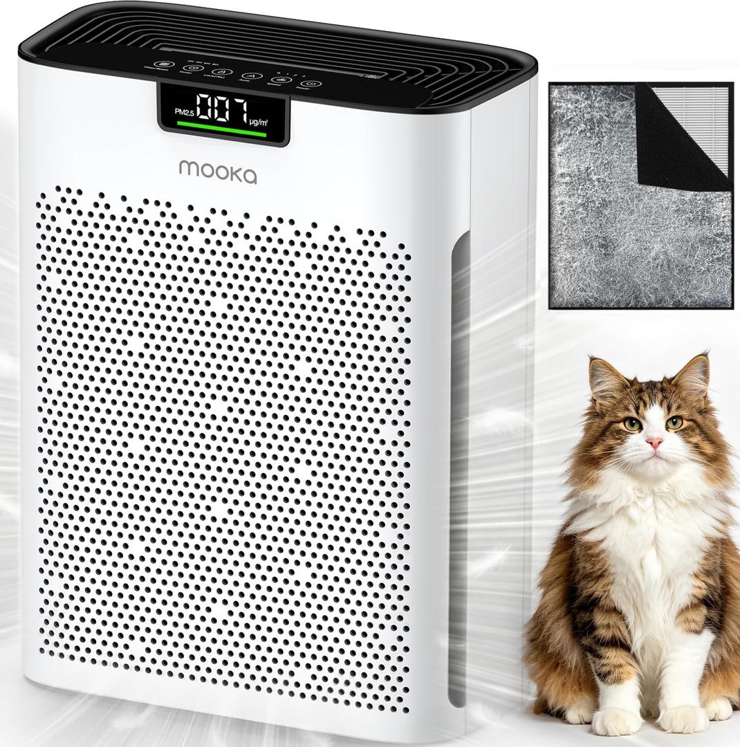 Air Purifier for Home Bedroom Large Room 2200 Ft, MOOKA H13 HEPA Air Cleaner with Washable Pre-filter, Air Quality Monitor, Air Purifiers for Pets Hair Smoke Dust Pollen, Auto Mode, KJ190 White