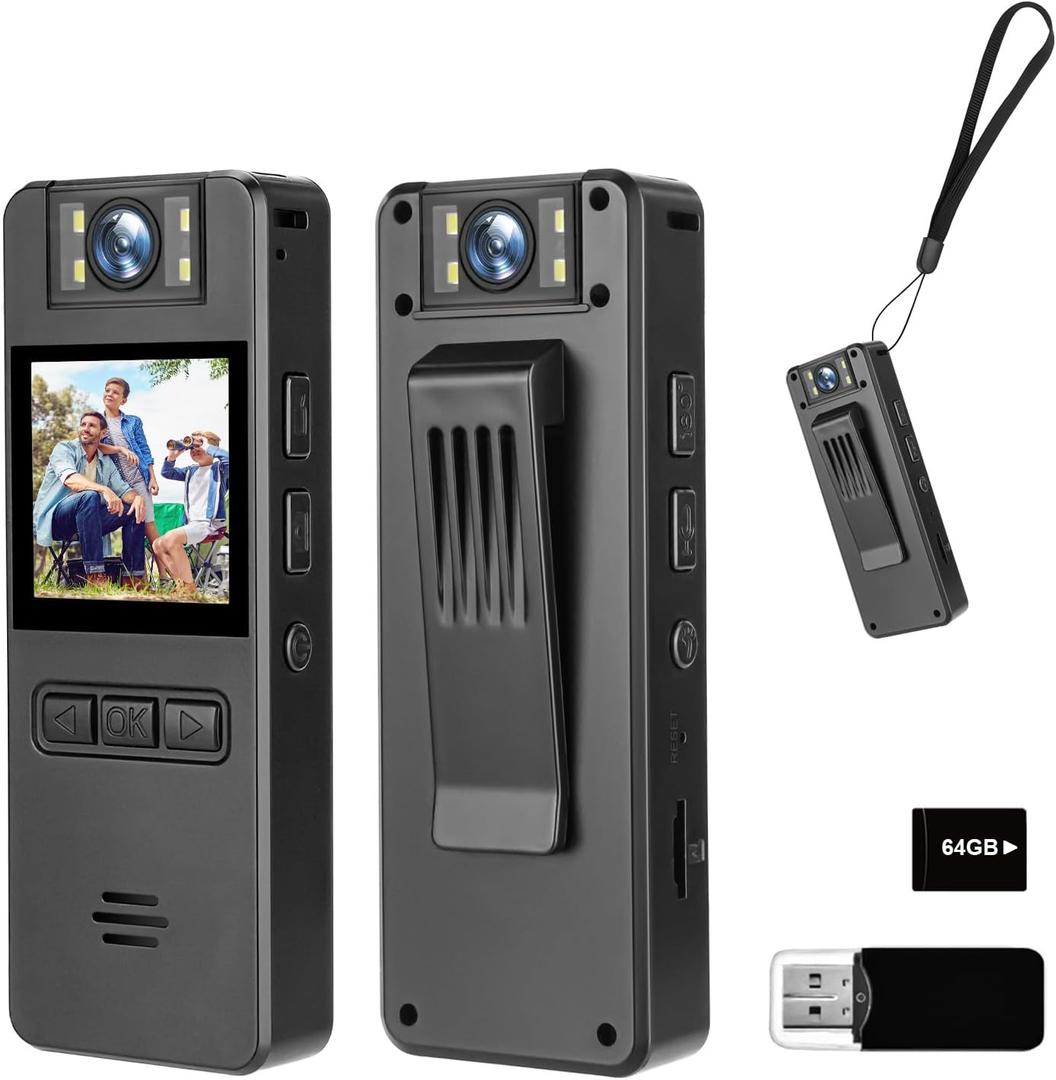 64GB Mini Body Cam, 1080P Video Camera with 180° Rotating Lens & Night Vision, Audio and Video Recording, Portable Compact Personal Camera Personal Civilians, Police Law Enforcement