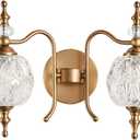 2-Light Vintage Crystal Bathroom Wall Sconces, Matte Brushed Antique Brass Finish Retro Wall Sconce Light with Crystal Glass Shade for Bathroom (2-light Brass)