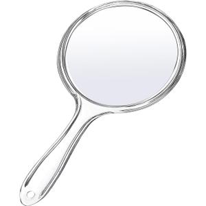 D Handheld Mirror with Handle 3.9" W x 8.3" L Hand Mirror Small Doule Sided Magnifying Mirror 1X 2X, Handle Makeup Mirror, Acrylic Handheld Mirror Rounded Shape, Transparent