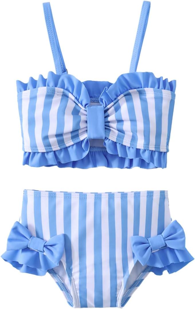 Toddler Baby Girls Swimsuit Two Piece Floral Stripe Swimwear Infant Summer Beach Bikini Bathing Suit 3-4Y