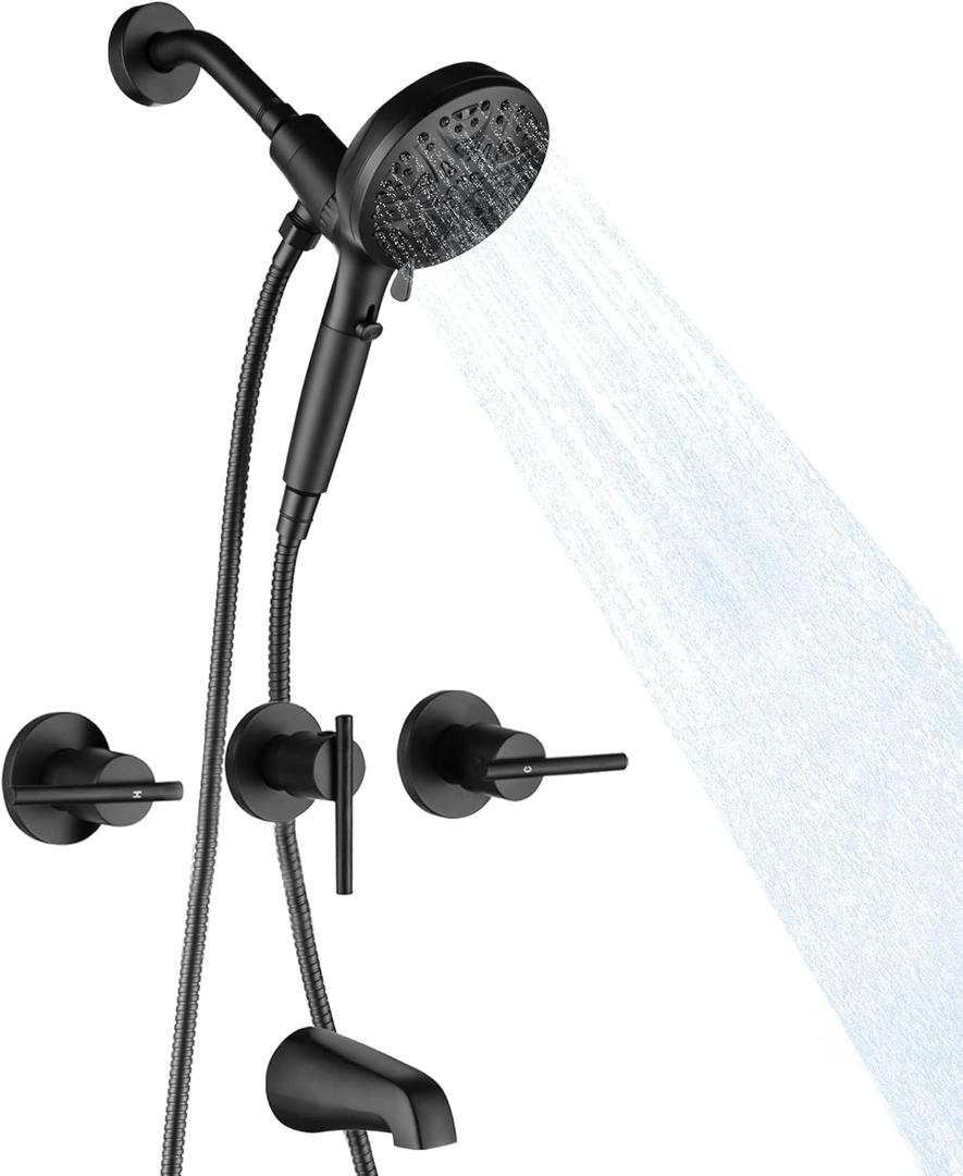 3 Handle Tub Shower Faucet Set Matte Black Magnetic Guidance Docking System High Pressure 10-Spray Handheld Shower, Wall Mounted