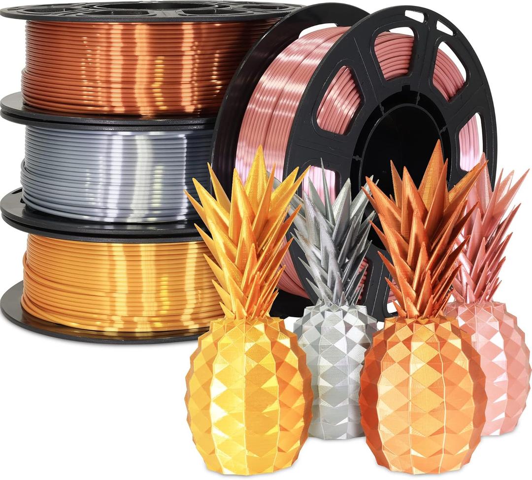 1.75mm 4 Spools Silk PLA 3D Printer Filament Bundle: Shiny Metallic Gold/Silver/Copper/Rose Gold, Each Spool 250g, Widely Fit for 3D Printer/Pen, Total 1Kg 3D Printing Filament Material