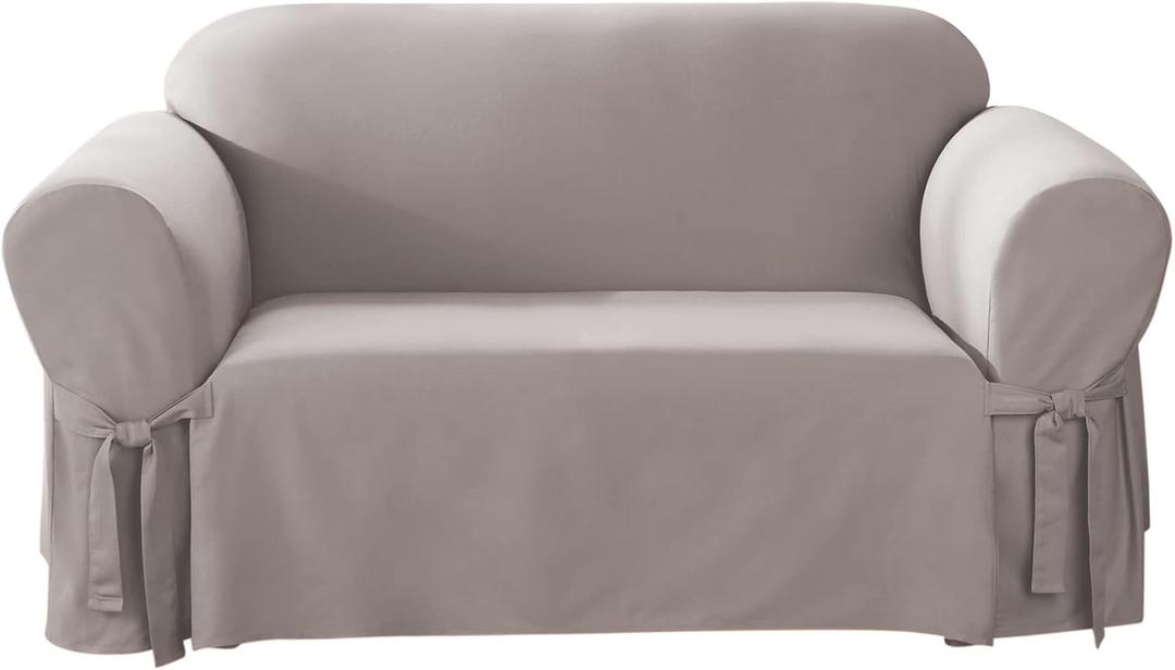 SureFit Cotton Duck Loveseat Box Cushion One Piece Slipcover, Furniture Cover, Relaxed Woven Fit, 100% Cotton, Machine Washable, Gray (Grey)