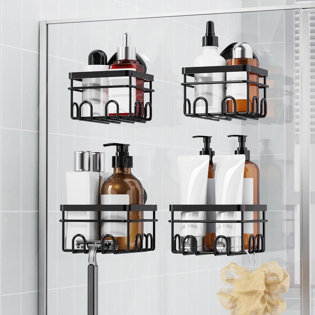 KEGII Suction Cup Shower Caddy 4 Pack, Universal Fit for All Showerheads, No Drill Bathroom Organizer with 36 Hooks & Razor Holder, Removable and Waterproof, Black