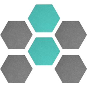 Navaris Hexagon Felt Board Tiles - Set of 6 Notice Memo Bulletin Boards with Push Pins Pack 5.9 x 7 inches (15 x 17.7 cm) - Grey, Turquoise