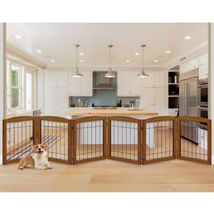 LZRS 6-Panel Extra Wide Wooden Freestanding Dog Gate: Foldable Solid Wood and Steel Wire Chew Resistant Safety Barrier for Doorways, Stairs, and Open Long Spaces Indoor Use, Cherry
