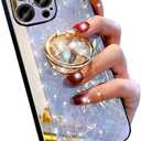 for iPhone 16 Pro Max Glitter Kickstand Case, Cute Bling Marble Conch Floral Butterfly Ring Stand Mirror Elegant Shockproof Protective Cover for Girls Women for iPhone 16 Pro Max 6.9",Purple
