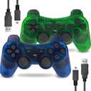 Wireless Controller for PS-3 Motion Sense Double Vibration Upgraded Gaming Remote for Play 3 with Charging Cord (Transparent Green and Transparent Blue)