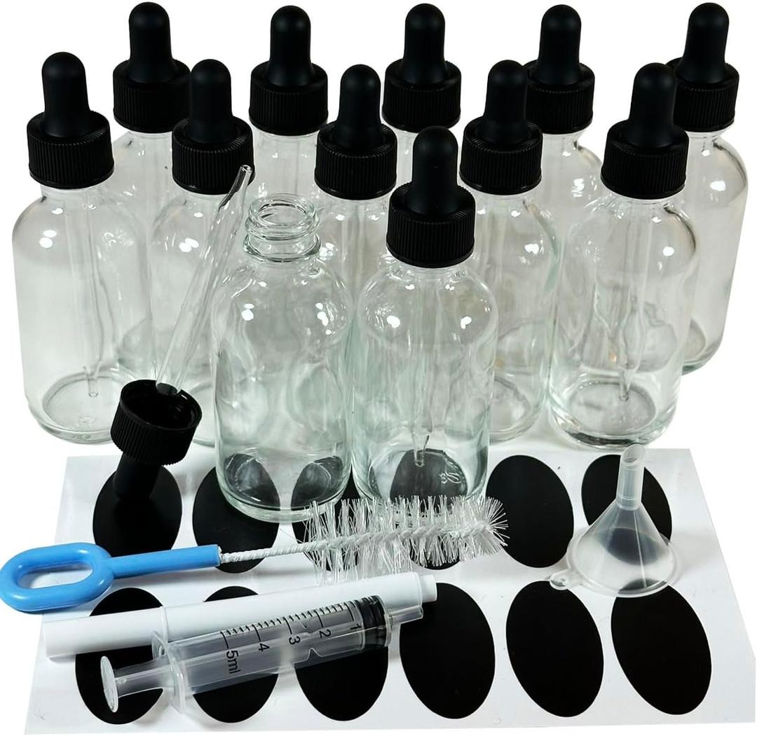 Bioll 60ml (2 oz) Glass Dropper Bottle.Essential Oil Bottle With Glass Eye Droppers.For Lab Chemicals,Alcohol,Sterilize Water,Perfumes Bottles-12Pack (Clear)