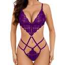 AnloveKiss Women Lingeries Deep V Teddy Lingerie Sexy Lace Bodysuit Cut Out One Piece Mini Babydoll (Purple, XL)