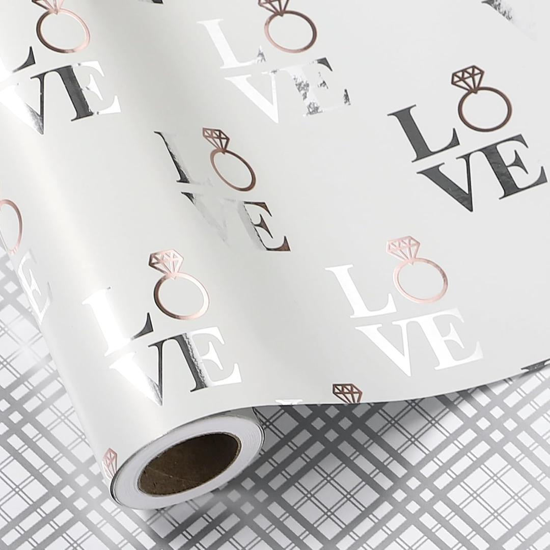 LeZakaa Reversible Wedding Wrapping Paper Roll, Love with Ring & Plaid Design Silver Foil for Wedding, Engagement, Bridal Shower, Anniversay, Large Roll, 30 inches x 32.8 Feet (92.9 sq.ft.)