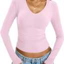 EasyGala Womens Cotton Long Sleeve Shirts V Neck Fitted Tops Basic Tees Going Out Outfits 2026 Fall Spring (Small, Baby Pink)