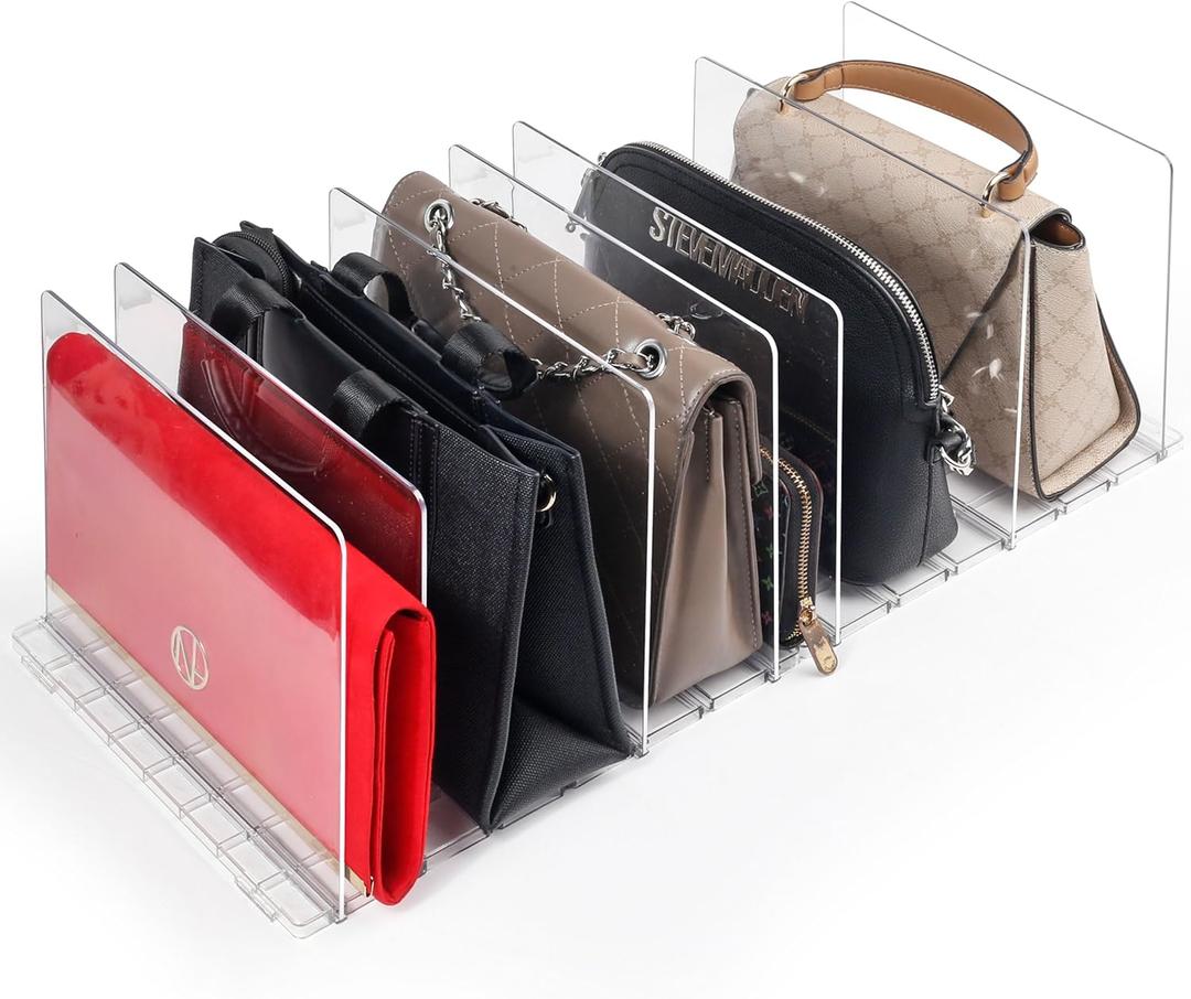 Plastic Purse Organizer Closet - Pack of 2 Handbag Organizer with Adjustable Dividers & Sturdy Base - Purse Storage Organizer for Closet, Space-Saving Handbag Storage Organizer for Shelves