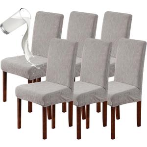 Genina 100% Waterproof Dining Room Chair Covers Set of 6 Stretch Kitchen Chair Covers Parsons Chair Slipcovers for Dining Room Chair Protector Cover, Removable, Washable (Leaf Pattern-Warm Gray)