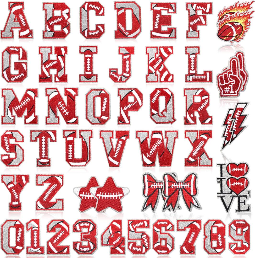 Meneng Football Iron On Letters Patches: 48PCS Glittering Embroidered Appliques A-Z Alphabet and 0-9 - Football DIY Crafts for Customizing Clothing Jackets Backpacks Hats Jerseys Name Number