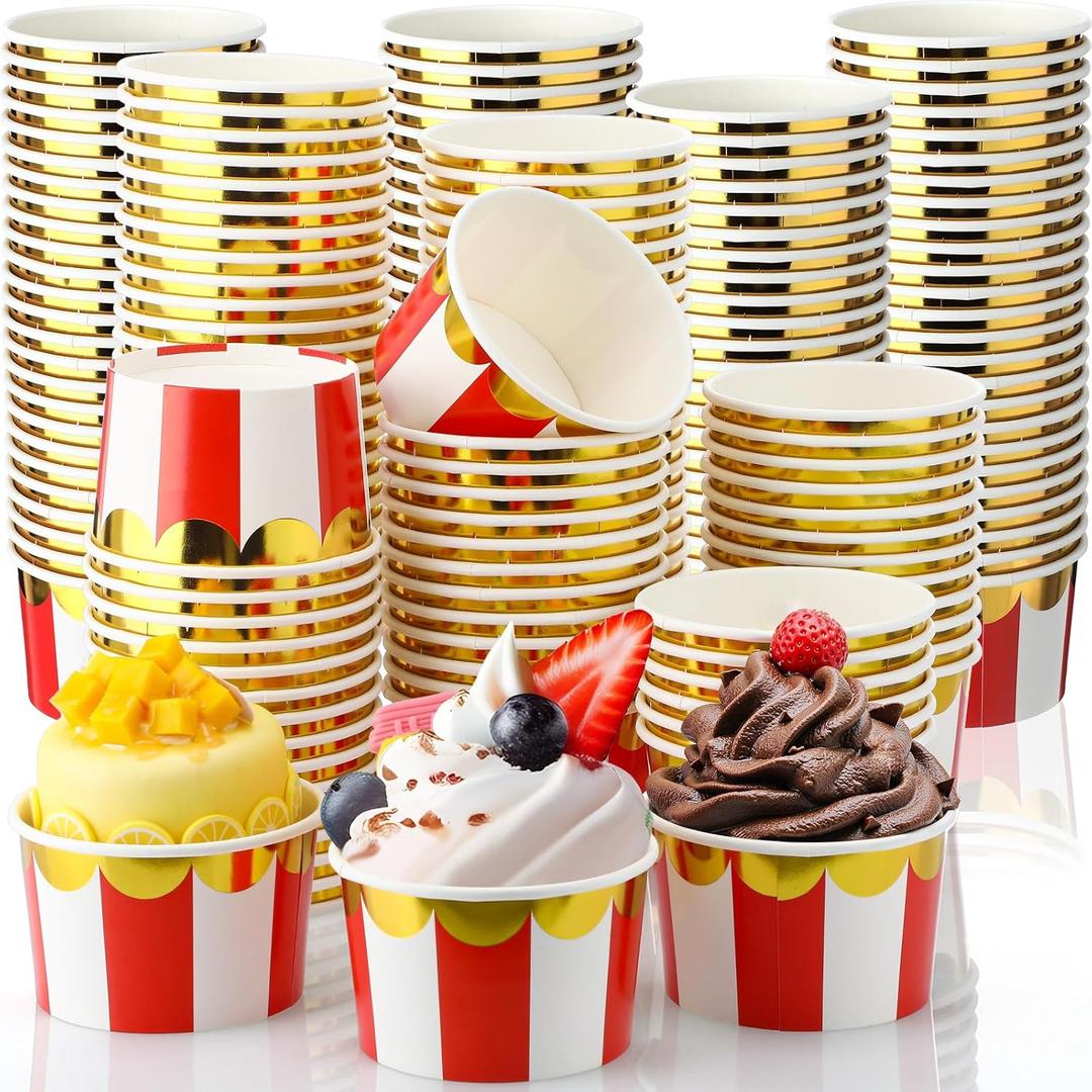 Willinglong 100 Pcs 9 oz Circus Carnival Party Cups Red Stripe Paper Ice Cream Cups for Christmas Circus Carnival Party, Disposable Dessert Bowls Sundae Yogurt Bowls for Hot or Cold Food Snack Treat