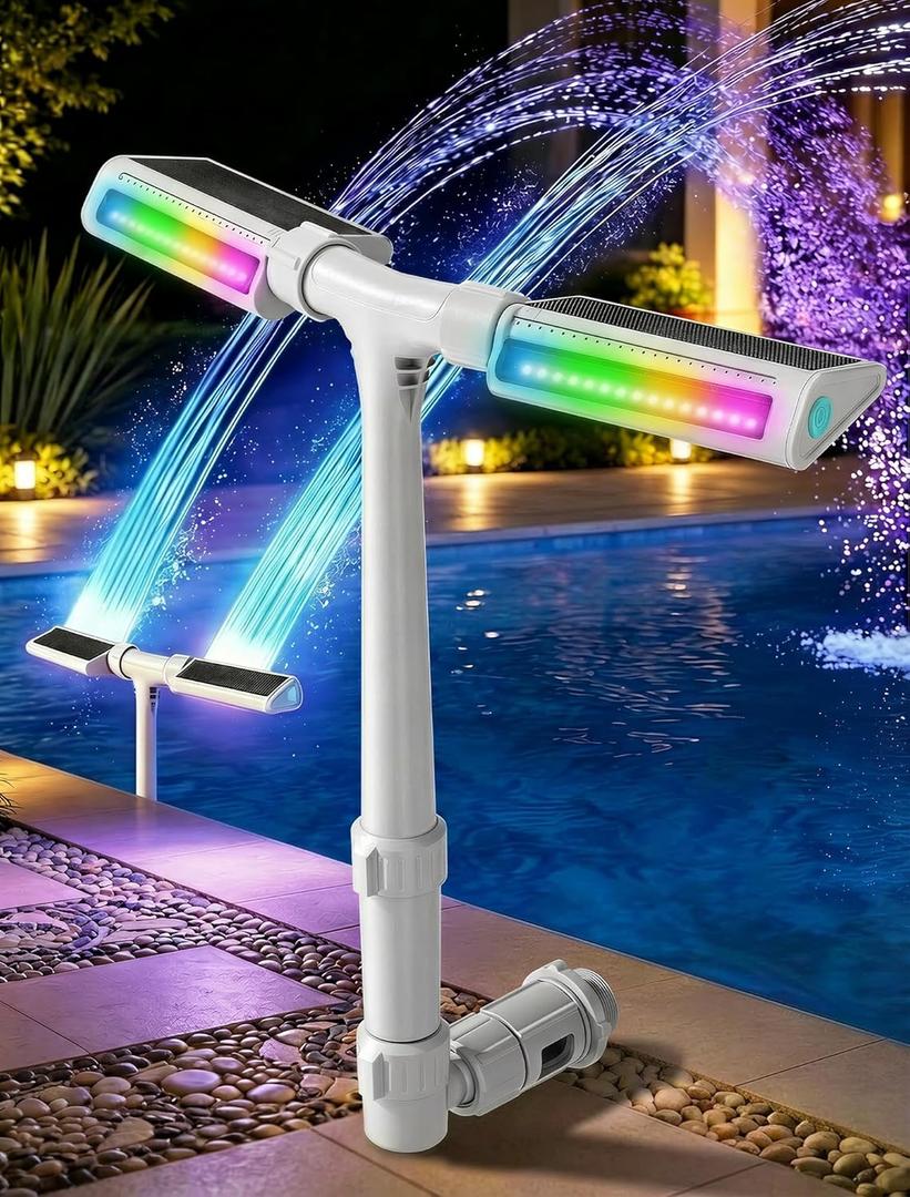 POOLHOUR 2026 Upgrade Height Solar Pool Fountain with 10-Color 4-Mode LED Lights, Auto Light-Sensing Pool Sprinkler Fountain for Above/Inground Pools, 360° Adjustable Spray for 8-16°F Cooling (Gray)