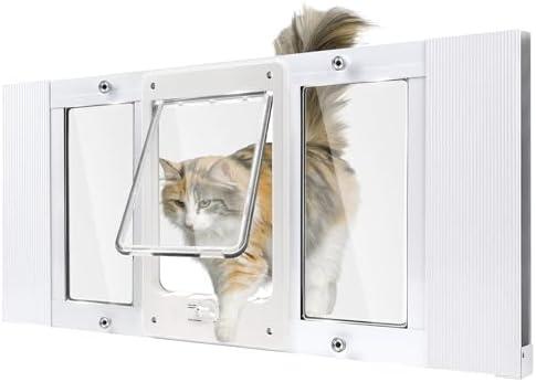 Aluminum Pet Door for Windows, Width Adjustable to Fit Window Width 24"-28", 10-Minute Cat Door Insert Window Installation, Cats Door for Window with Magnetic Suction Design and Weatherproof