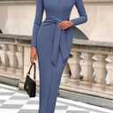 PRETTYGARDEN Women's 2025 Wedding Guest Midi Dresses Semi Formal Long Sleeve Bodycon Tie Waist Cocktail Fall Fashion Clothes (Blue)