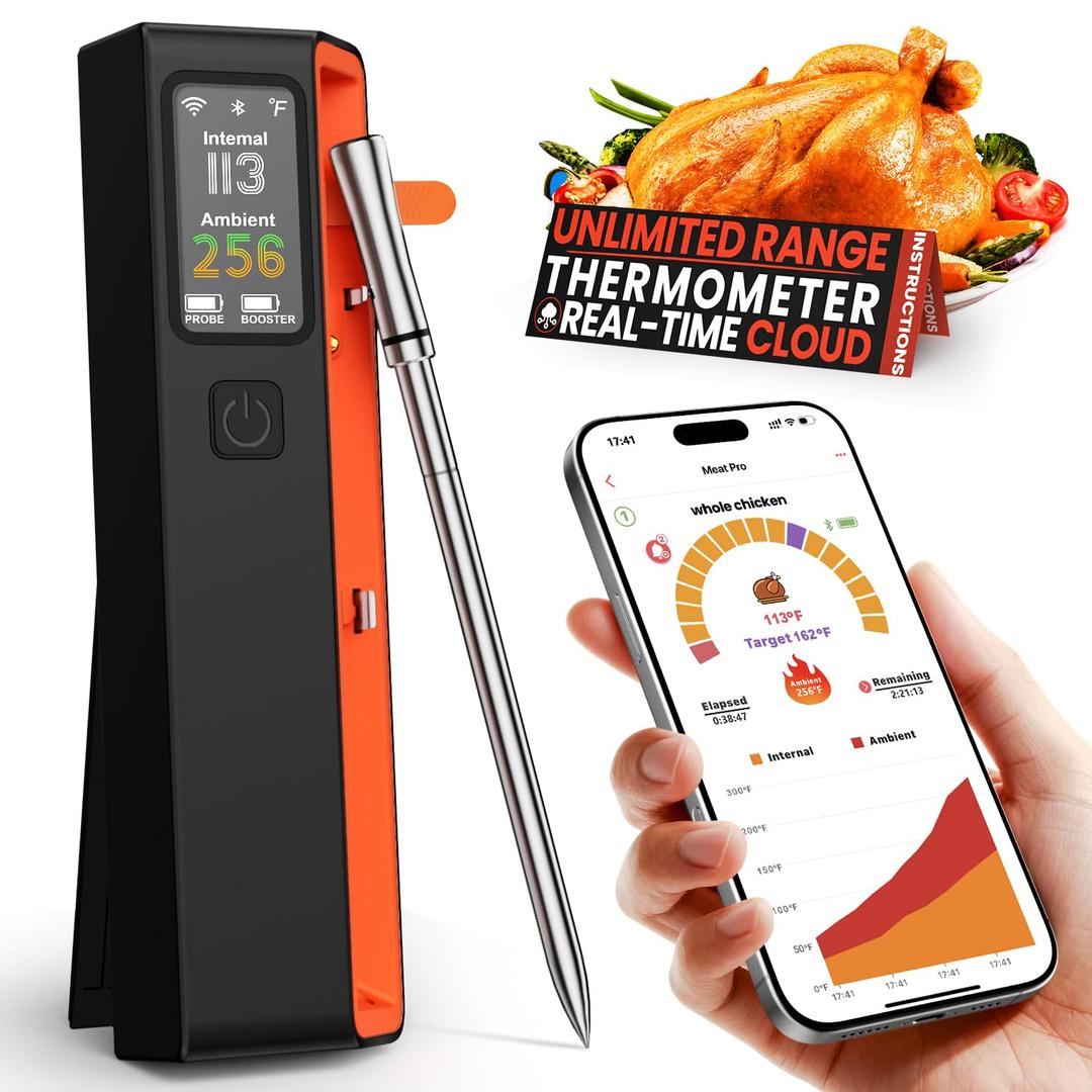 Wireless Bluetooth Smart Meat Thermometer: 0.5F Accuracy, 1 Probe with 6 Sensors - WiFi Digital Thermometer with LED Base, NIST Certified Accuracy, Long-Range for BBQ, Grill, Smoker, Oven