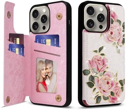 UEEBAI Wallet Case for iPhone 14 Pro with Card Holders, PU Leather Cover Kickstand RFID Blocking Double Magnetic Clasp Rilievo Flower Shockproof Flip Case for Women Girls - Rose Flower