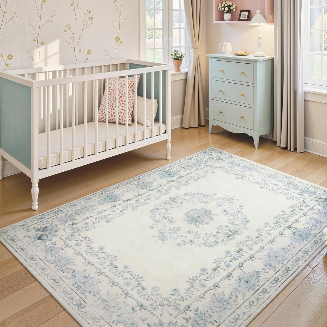 Wonnitar Bow Floral 5x7 Washable Rug, Blue Area Rug for Kids Room, Ultra-Thin Non Slip Soft Neutral Aesthetic Decor Carpet for Living Room Farmhouse Dining Room Office Playroom