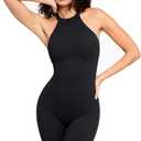 Popilush Workout Rompers for Women Built in Shapewear Summer Jumpsuit Unitard Bodysuit Halter Neck Backless Tummy Control Jumpsuits, Small, Black