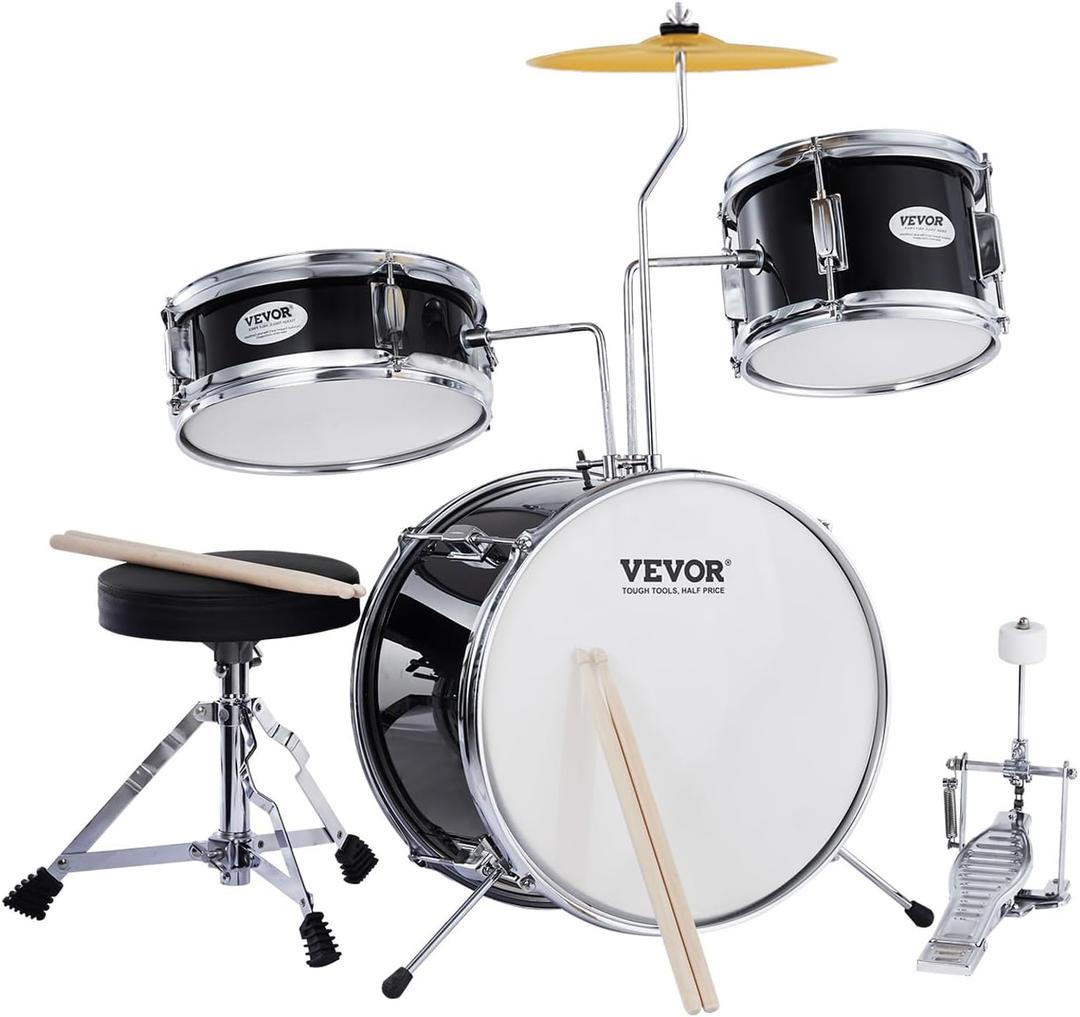 VEVOR Drum Set for Kids, Beginner Junior Drum Kit with Adjustable Throne, Sticks, Cymbal, Pedal, Tom Snare Bass, Starter Drumset for Children (Black, 3-Piece, 14 in)