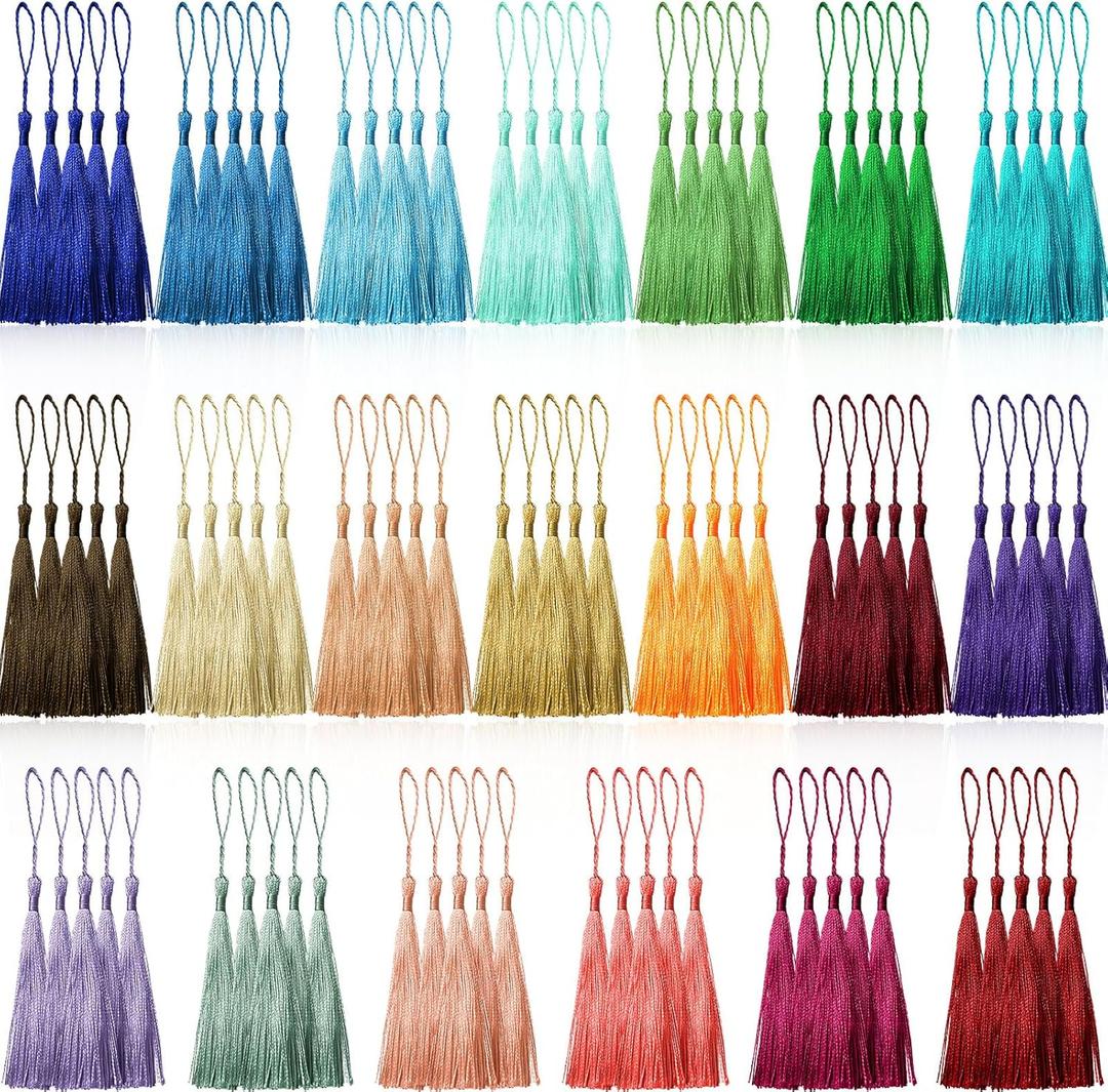 100 Pcs 13cm/5 Inch Silky Handmade Soft Craft Mini Tassels with Loops for Jewelry Making, DIY Projects, Bookmarks, 20 Colors, 5 Pcs of Each
