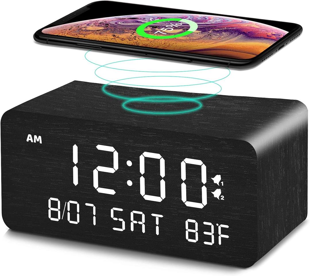 Wooden Digital Alarm Clock with Wireless Charging, 0-100% Adjustable Brightness Dimmer and Alarm Volume, Weekday/Weekend Mode, Dual Alarm, Snooze, 12/24H, Wood LED Clock for Bedroom