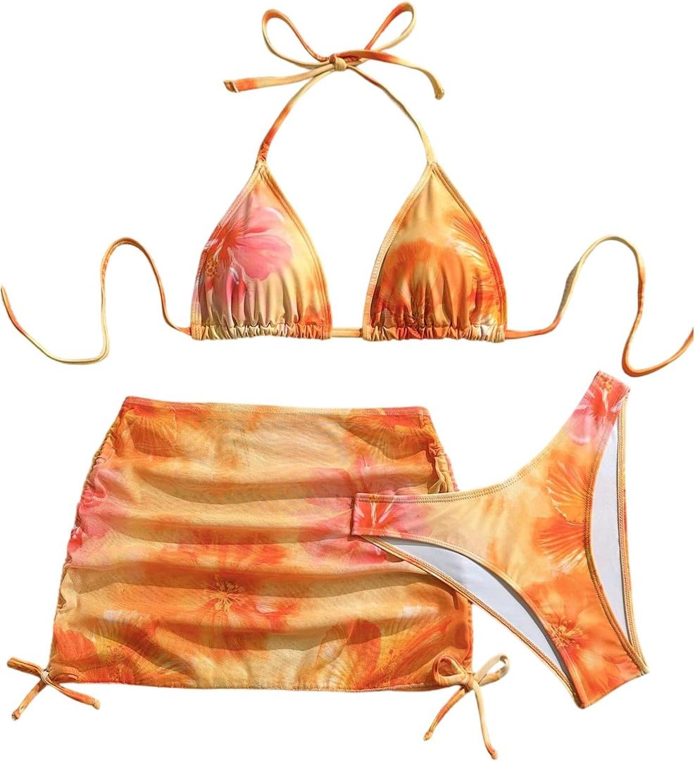 SHENHE Women's 3 Piece Floral Swimsuits Triangle Halter High Cut Bikini Set with Cover Up Skirt (M)
