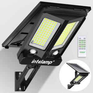 intelamp Solar Street Lights Outdoor Waterproof 3000LM 12500mAh Dual Motion Sensor Dusk to Dawn Security Floodlight Lamp Outside, LED Flood Lighting Exterior with Remote for Parking Lots Patio Yard (Black, Pack of 1)