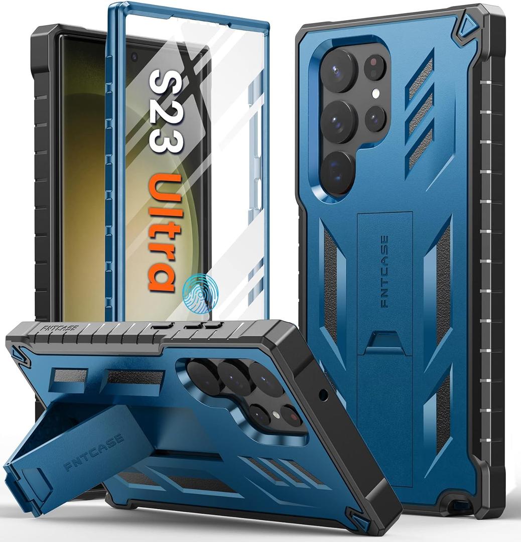 FNTCASE for Samsung Galaxy S23-Ultra Case: Military Grade Drop Proof Protection Mobile Cover with Kickstand | Matte Textured Rugged Shockproof TPU | Protective Sturdy Phone Case - Blue