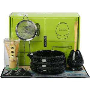 Matcha Set Matcha Whisk Matcha Bowl With Water Ladle Matcha Whisk Holder Tea Making Kit.Japanese Tea Set(7pcs)+1SpoonCeladon Blue gift set (Black spots)