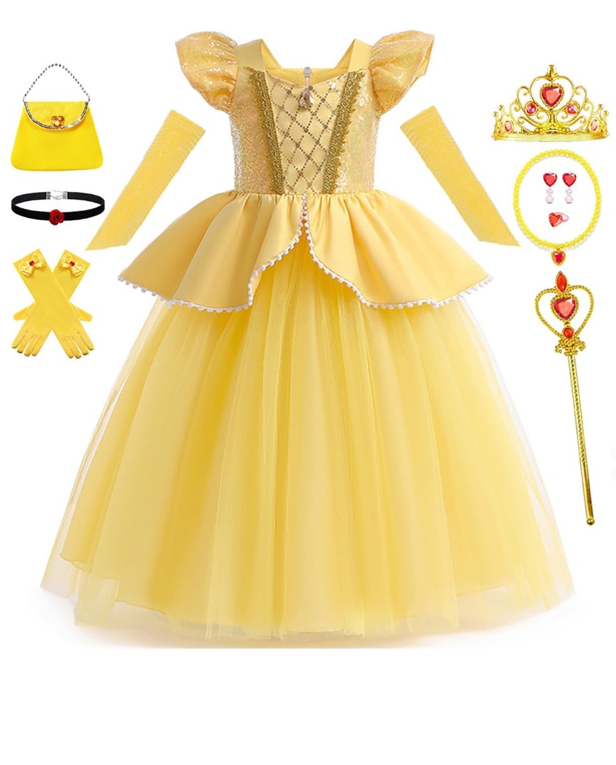 Belle Costume for Girls Yellow Princess Dress up Halloween Birthday Party Cosplay Outfits with Accessories 4-5T