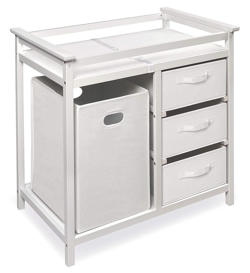 Badger Basket Modern Baby Changing Table - Nursery Furniture with Laundry Hamper and 3 Storage Drawers - Diaper Changing Station with Safety Belt, Changing Pad, and Organizer Baskets - White/White