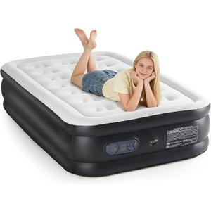 NEWBULIG 18 Inch Twin Air Mattress with Built-in High Capacity Pump - Inflatable Air Bed for Home, Camping & Guest, Double Height, Non-Slip Bottom, Portable Blow Up Mattress 660 lbs Weight Capacity (Black)