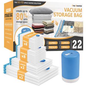 Cozy Essential 22 Pack Vacuum Storage Bags with Portable Rechargeable Wireless Electric Pump, Vacuum Seal Space Saver Bags for Clothing, Pillows, Blanket, Bedding, Comforter