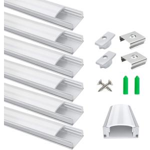W LightingWill LED Aluminum Profile Channel 6-Pack 3.3ft/1Meter Silver U-Shape Diffuser With Milky White Cover, End Caps, Mounting Clips, Aluminum Extrusion