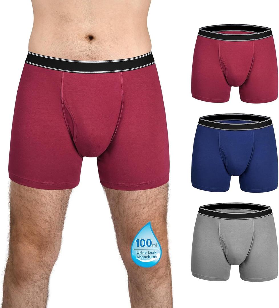 Mens Incontinence Underwear Washable Cotton Reusable Leakproof Boxer Briefs 3 Pack(X-Large, Gray/Navy/Burgundy)
