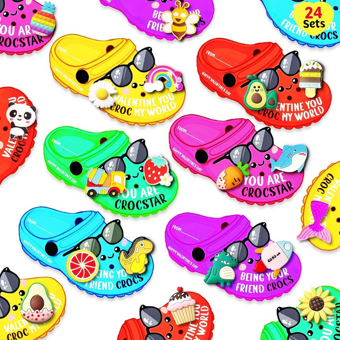 2 x Shoe Charms Valentines Day Cards Gifts for Boys Girl Classroom Exchange, 24 pcs Valentines Cards with 48 Shoe Charms for Kids School Party Favor