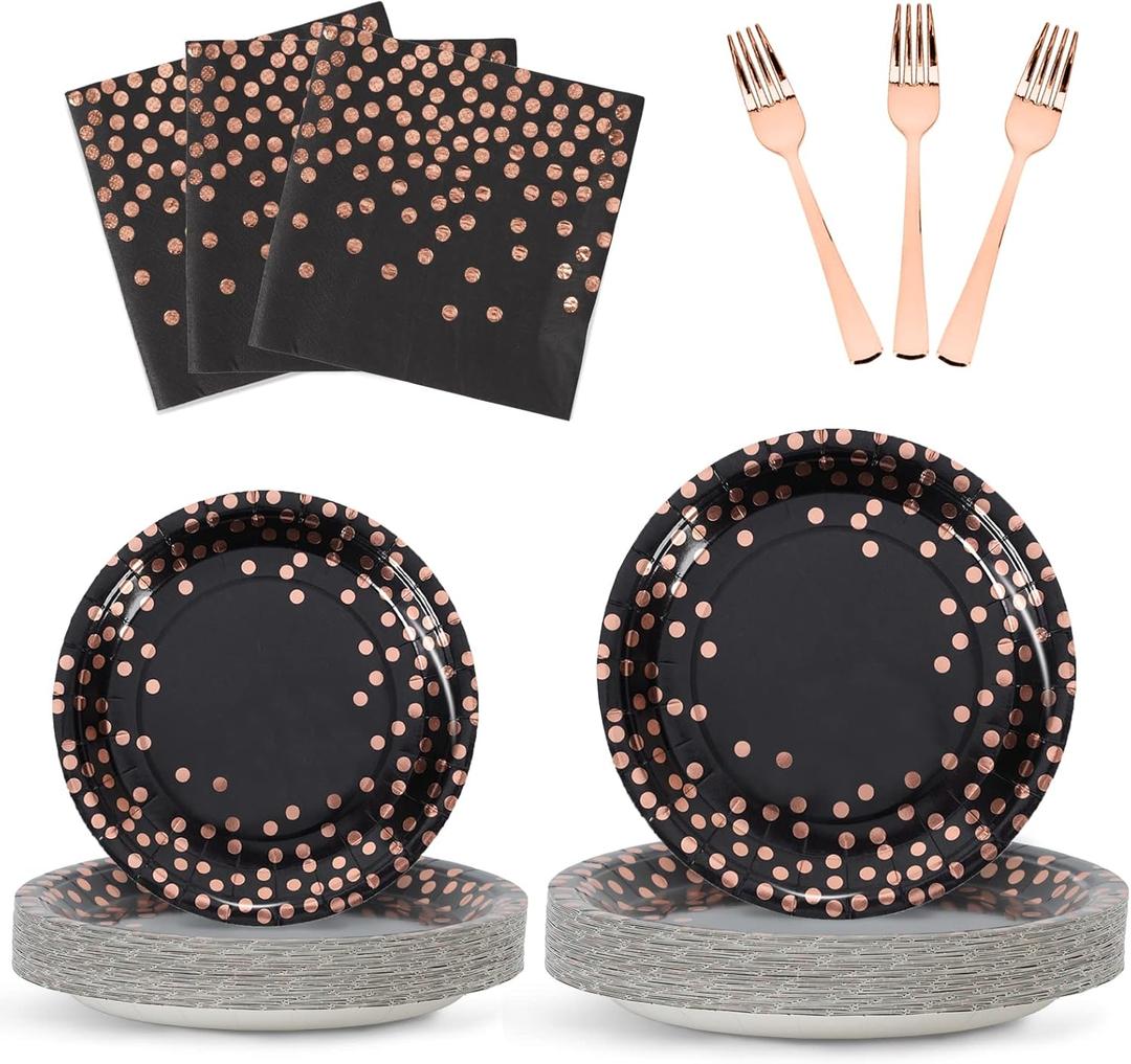 Black and Rose Gold Party Plates and Napkins Supplies,Disposable Party Dinnerware,Black Rose Golden Dot Paper Plates,Napkins,Forks forWeddings Birthday Graduation Decor Serve 25