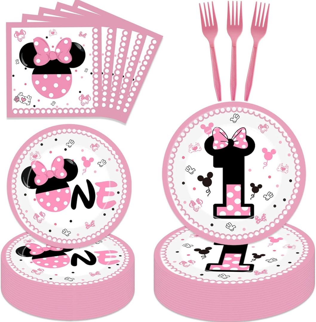 80 Pcs Pink 1st Birthday Party Supplies Girls One Year Old Paper Plates Napkins Forks for Girls 1st Birthday Baby Shower Party Decorations