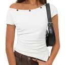 SHEWIN Women Tops Summer Short Sleeve Shirts Dressy Casual Sexy Boat Neck Tshirt Trendy Date Night Off Shoulder Blouses 2026 Going Out Clothes Size XL, White (White, XL)