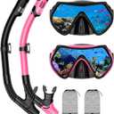 Snorkeling Gear for Adults, Adult Snorkel Mask Set Scuba Diving Dry-Top, Swimming Goggles w/Nose Cover, HD Tempered Glass Panoramic Anti-Leak Anti-Fog, Travel Snorkeling Packages Storage Bag, 2 Pack (Black+Pink)