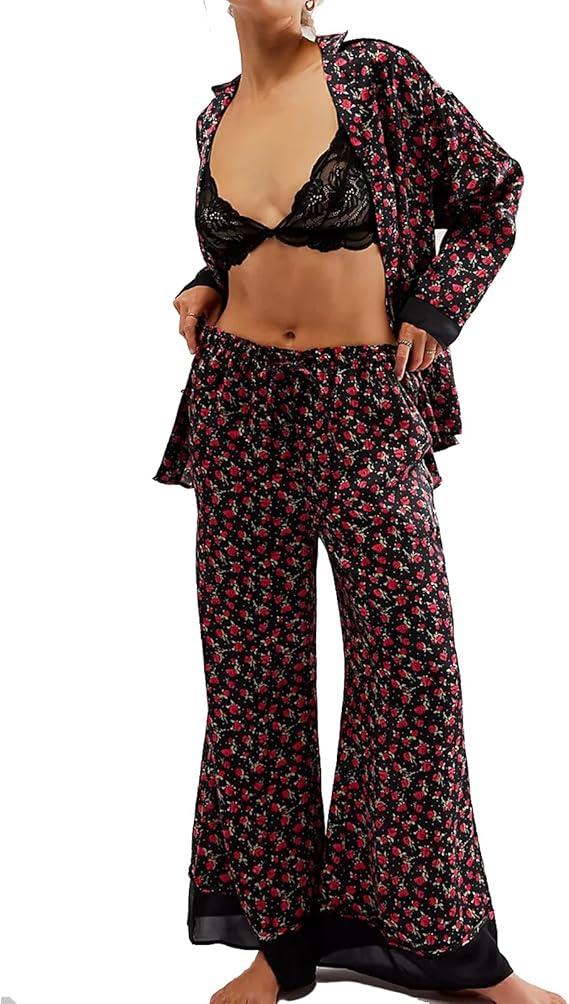 Women Satin Pajama Set Floral Silk Pajamas 2 Piece Lounge Sets Button Down Shirts Wide Leg Pants Pjs Sleepwear, M