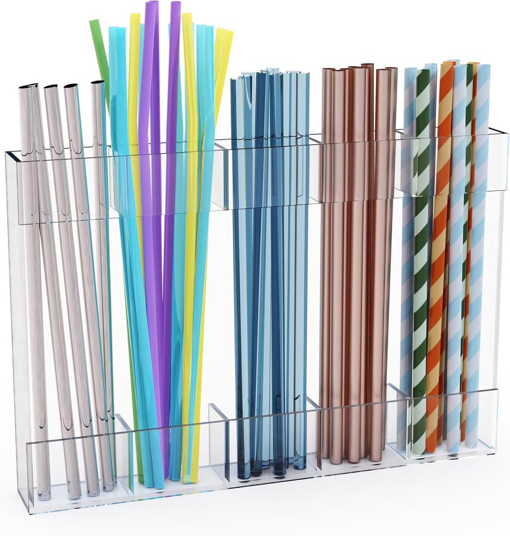 Upgraded 9.6'' Large Acrylic Straw Holder for Cabinet Door, Space-Saving Straw Organizer Storage Dispenser for Cabinet Doors or Countertops, Strong Adhesive Double-sided Tape Included (Clear-5 Compartments)